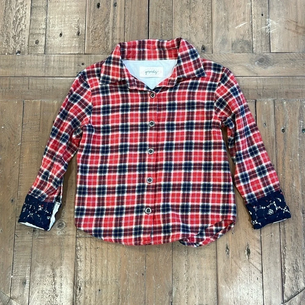 Persnickety plaid lace trim button down shirt